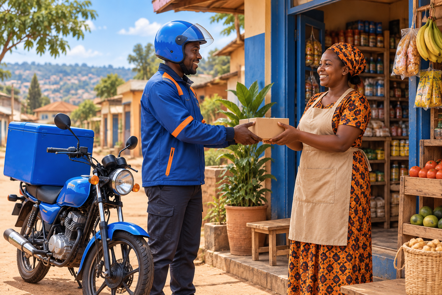 Illustration of a courier handing a parcel to a customer.