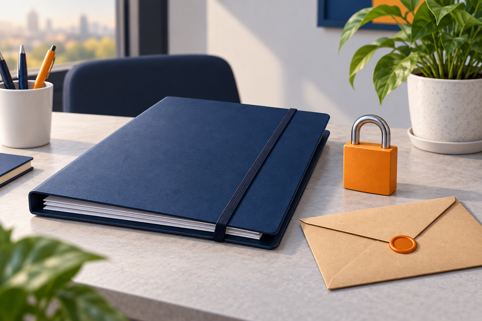 Illustration of a folder, envelope and padlock.
