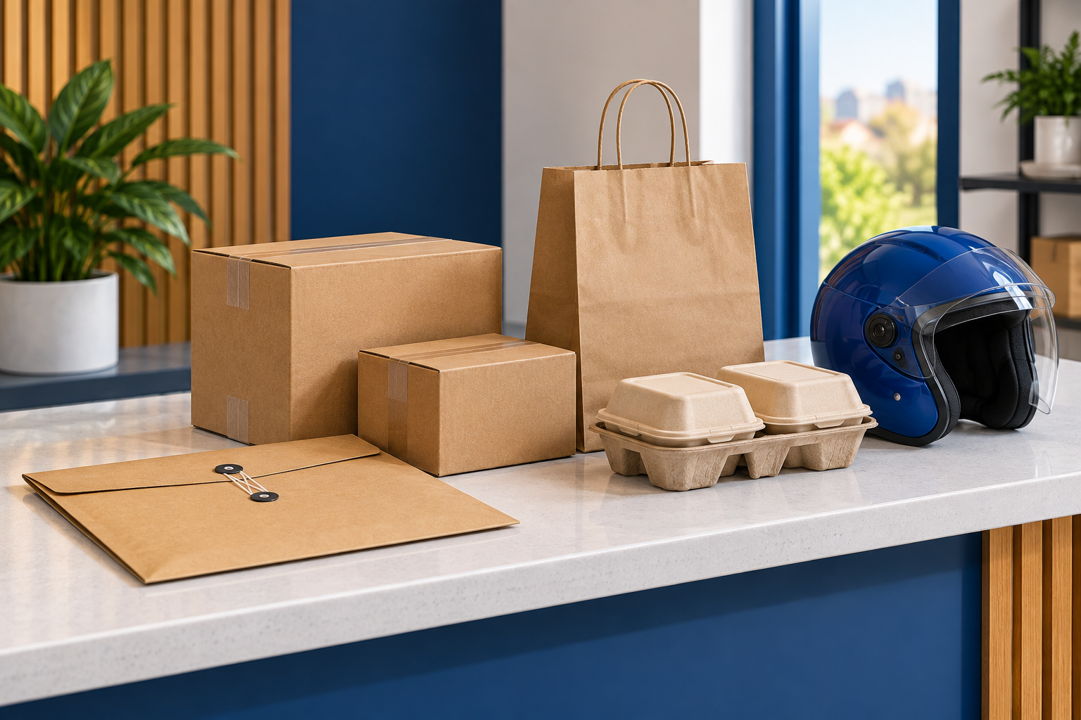 Illustration of parcels, an envelope and prepared-food containers.